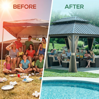 12 Ft. X 22 Ft. Double Galvanized Steel Roof Aluminum Frame Outdoor Patio Hardtop Gazebo with Netting and Curtains — Before & After