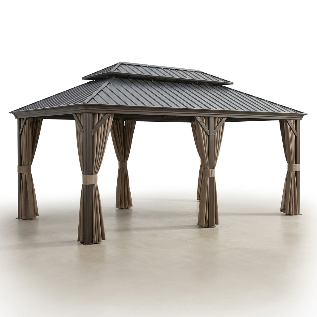 12 Ft. X 22 Ft. Double Galvanized Steel Roof Aluminum Frame Outdoor Patio Hardtop Gazebo with Netting and Curtains — Studio Shot