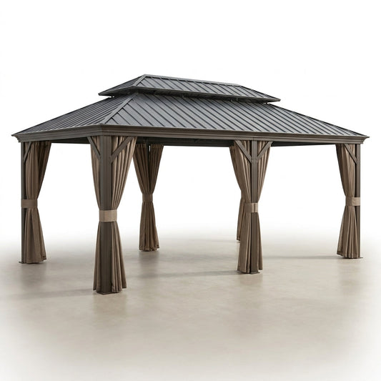 12 Ft. X 22 Ft. Double Galvanized Steel Roof Aluminum Frame Outdoor Patio Hardtop Gazebo with Netting and Curtains — Studio Shot
