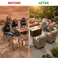 9 Pieces Patio Furniture Set All Weather Wicker Outdoor Conversation Set with 42" Fire Pit outside Furniture Patio Sofa with Swivel Chairs & Solar Table, Beige — Before & After