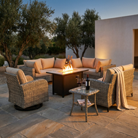 9 Pieces Patio Furniture Set All Weather Wicker Outdoor Conversation Set with 42" Fire Pit outside Furniture Patio Sofa with Swivel Chairs & Solar Table, Beige — Studio Shot