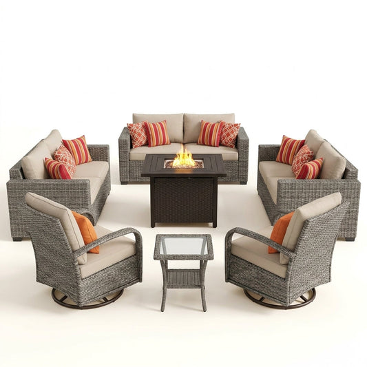 9 Pieces Patio Furniture Set All Weather Wicker Outdoor Conversation Set with 42" Fire Pit outside Furniture Patio Sofa with Swivel Chairs & Solar Table, Beige — Studio Shot