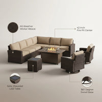 9 Pieces Patio Furniture Set All Weather Wicker Outdoor Conversation Set with 42" Fire Pit outside Furniture Patio Sofa with Swivel Chairs & Solar Table, Beige — infographic