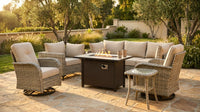 9 Pieces Patio Furniture Set All Weather Wicker Outdoor Conversation Set with 42" Fire Pit outside Furniture Patio Sofa with Swivel Chairs & Solar Table, Beige — Lifestyle