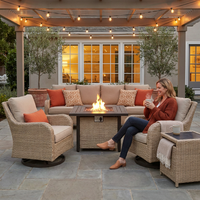 9 Pieces Patio Furniture Set All Weather Wicker Outdoor Conversation Set with 42" Fire Pit outside Furniture Patio Sofa with Swivel Chairs & Solar Table, Beige — Lifestyle