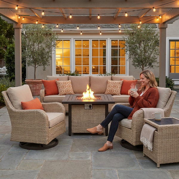 Outdoor Patio Furniture Set Built for Year-Round Gatherings, 42" Fire Pit, Solar Table, Swivel Chairs
