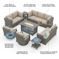 9 Pieces Patio Furniture Set All Weather Wicker Outdoor Conversation Set with 42" Fire Pit outside Furniture Patio Sofa with Swivel Chairs & Solar Table, Beige — How It Works