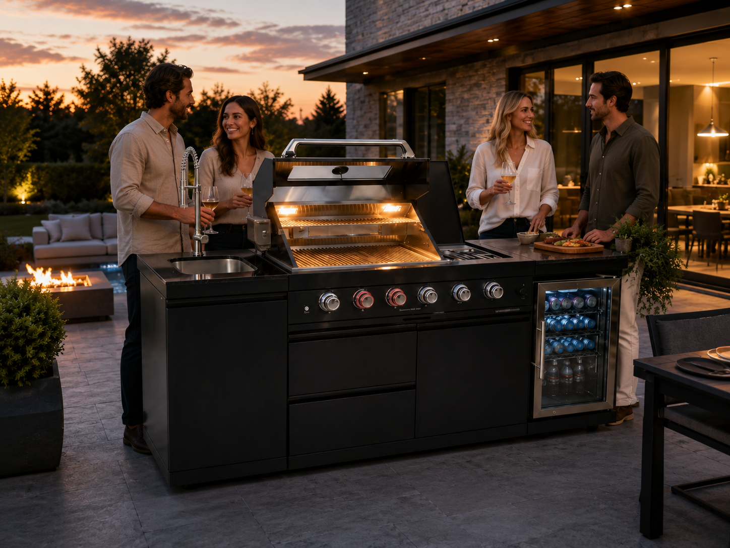Family gathering around the outdoor kitchen