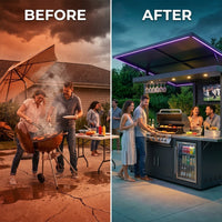 Customized Multi Functional Outdoor Kitchen BBQ Pod with Shelter Moisture Resistant Stainless Steel Outdoor Kitchen Patio Shed — Before & After