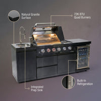 Outdoor Kitchen Island Built for All-Season Cooking, 72K BTU Power, Built-in Refrigerator, Granite Counters — infographic