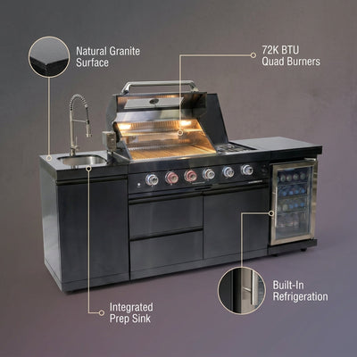 Outdoor Kitchen Island Built for All-Season Cooking, 72K BTU Power, Built-in Refrigerator, Granite Counters