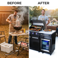 Premium 70" Black Stainless Steel Outdoor Kitchen Island with Refrigerator + 32"W 4-Burner BBQ Grill with Rear Burner — Before & After