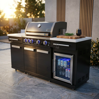 Premium 70" Black Stainless Steel Outdoor Kitchen Island with Refrigerator + 32"W 4-Burner BBQ Grill with Rear Burner — Studio Shot