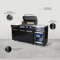 Premium 70" Black Stainless Steel Outdoor Kitchen Island with Refrigerator + 32"W 4-Burner BBQ Grill with Rear Burner — infographic
