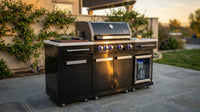 Premium 70" Black Stainless Steel Outdoor Kitchen Island with Refrigerator + 32"W 4-Burner BBQ Grill with Rear Burner — Lifestyle