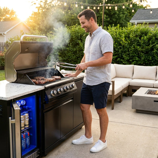 Outdoor Kitchen Island Built for Premium Entertaining, 4-Burner Grill, Built-In Refrigerator, Black Stainless Steel